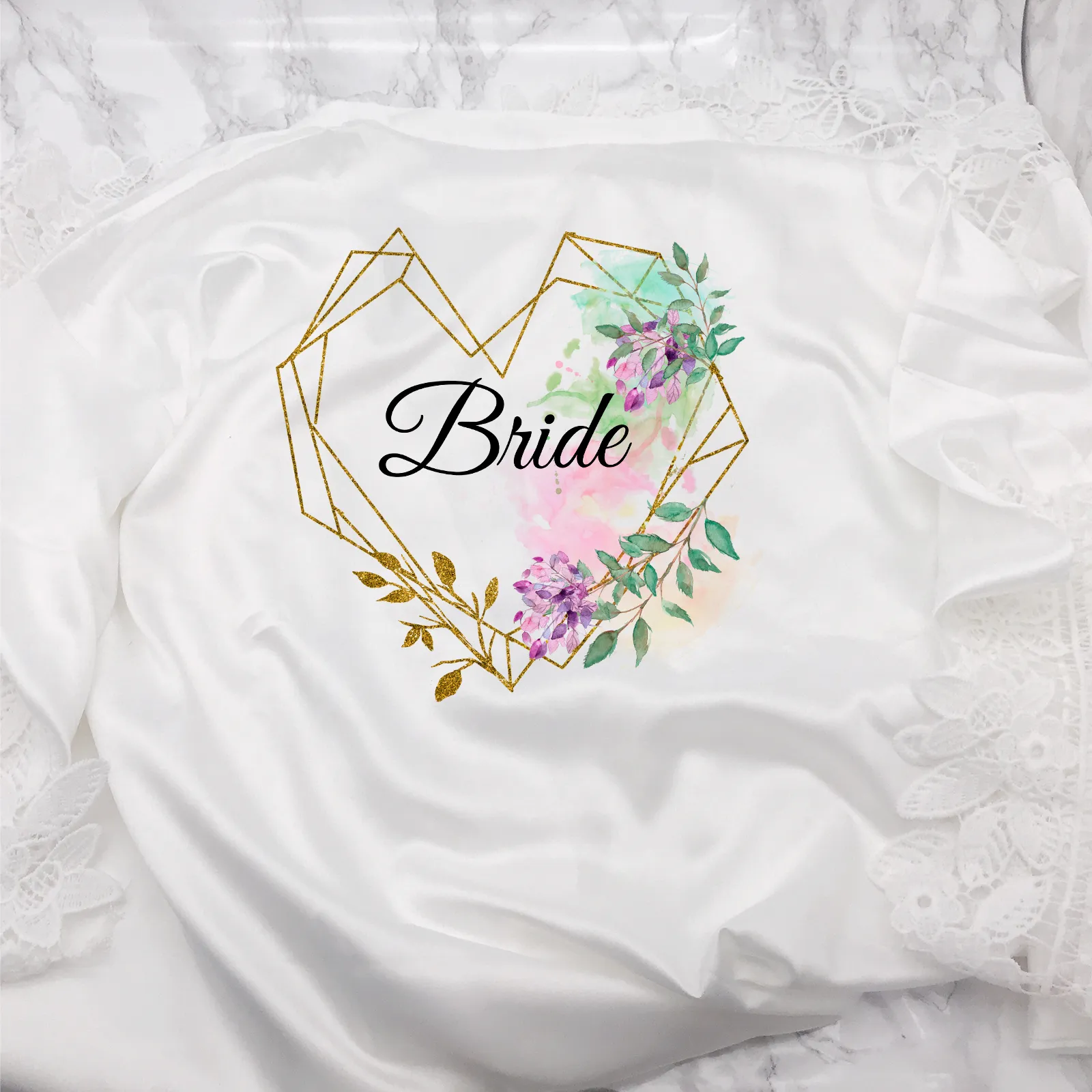 Heart Watercolour Personalised Bride Lace Wedding Dressing Robe