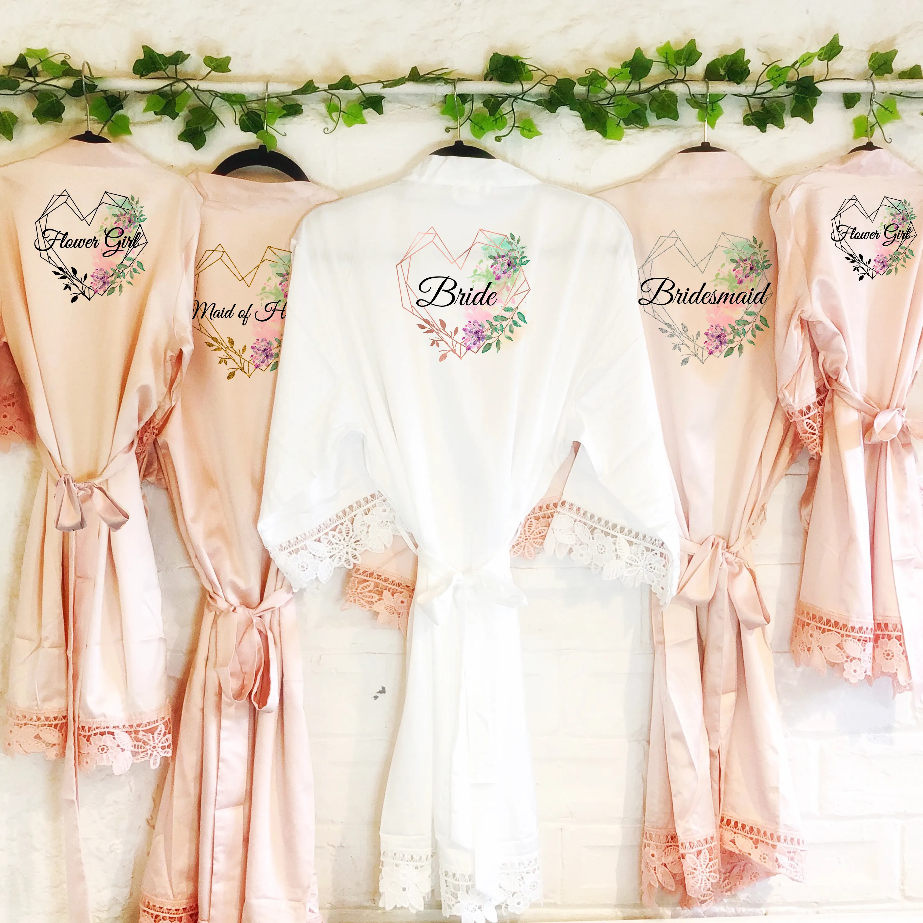 Heart Watercolour Personalised Bride Lace Wedding Dressing Robe