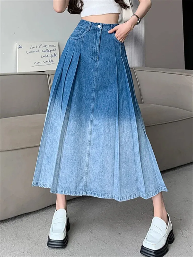 High Gradient Pleated Women's Denim Long For Spring Summer Casual Blue Jeans Pockets New Skirt