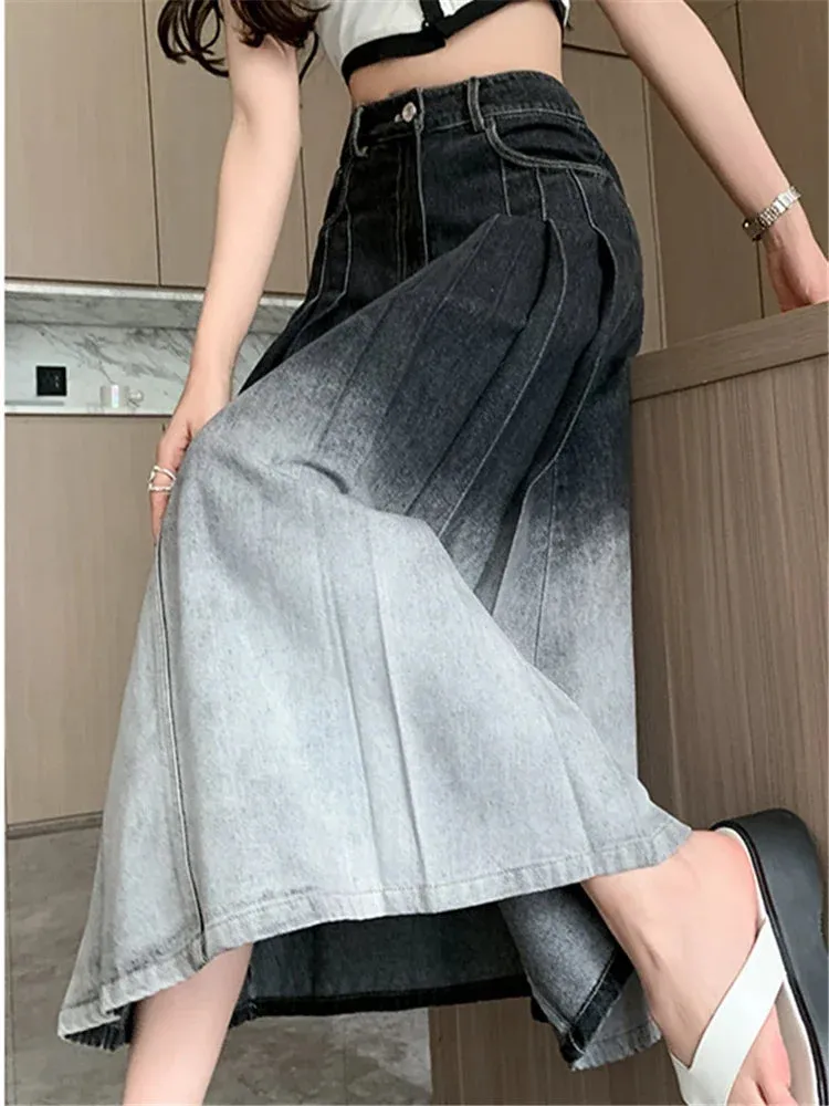 High Gradient Pleated Women's Denim Long For Spring Summer Casual Blue Jeans Pockets New Skirt