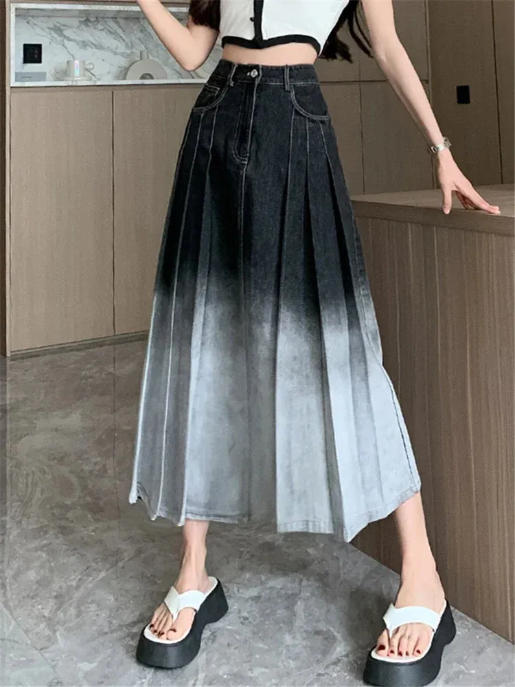 High Gradient Pleated Women's Denim Long For Spring Summer Casual Blue Jeans Pockets New Skirt