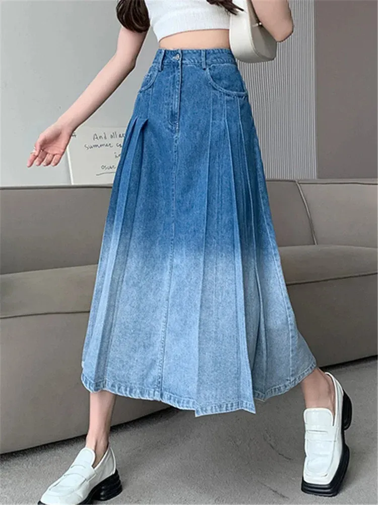 High Gradient Pleated Women's Denim Long For Spring Summer Casual Blue Jeans Pockets New Skirt