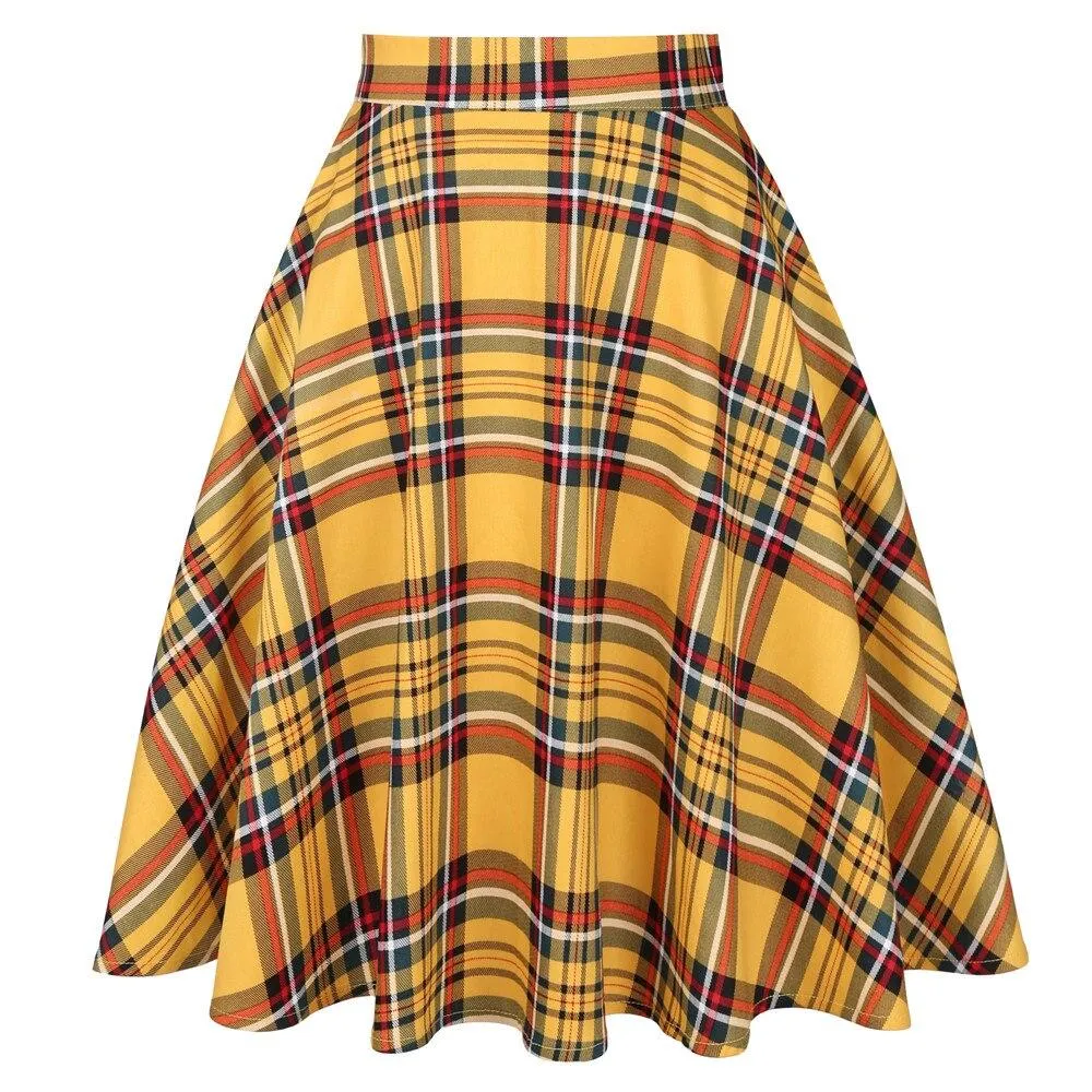 High Waist Plaid Checkered Skirt Runway Casual 50s 60s Autumn Swing Vintage Rockabilly Long Midi Women Skater England Tutu Saias