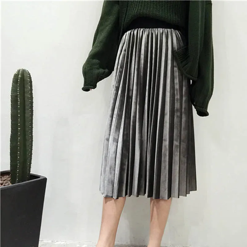 High Waisted Skinny Velvet Pleated Skirt for Autumn Winter