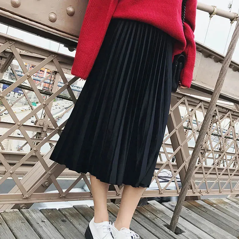 High Waisted Skinny Velvet Pleated Skirt for Autumn Winter