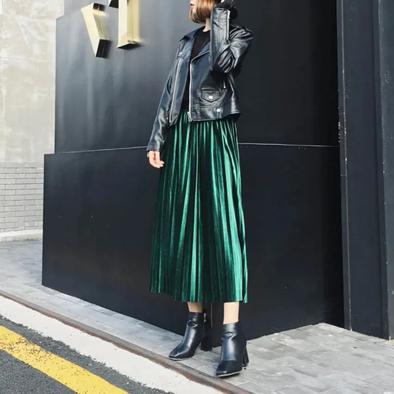 High Waisted Skinny Velvet Pleated Skirt for Autumn Winter