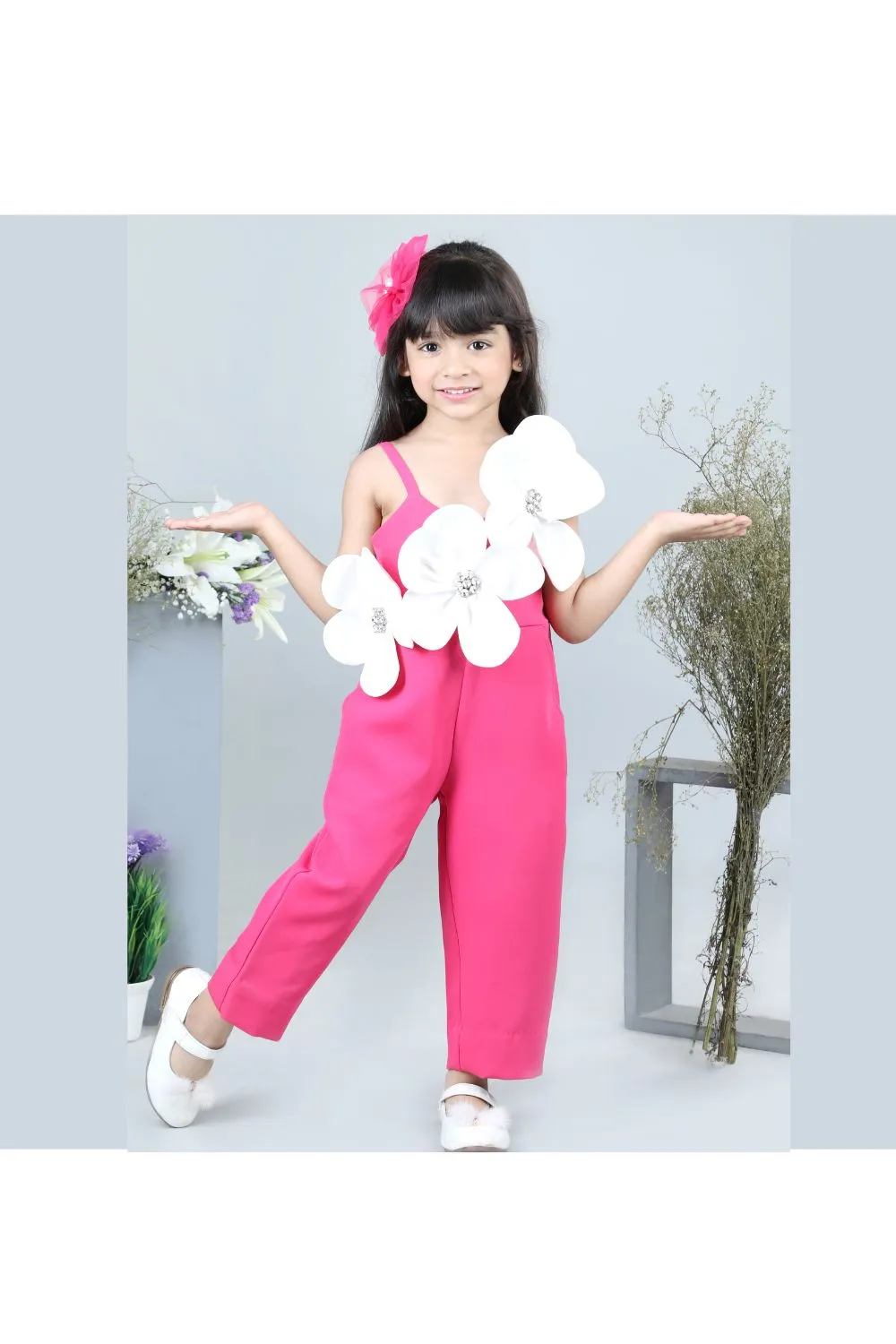 Hot Pink 3D Flower Embellished Crepe Sleeveless Jumpsuit