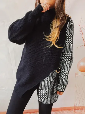 Houndstooth Turtleneck Long Sleeve Slit Sweater