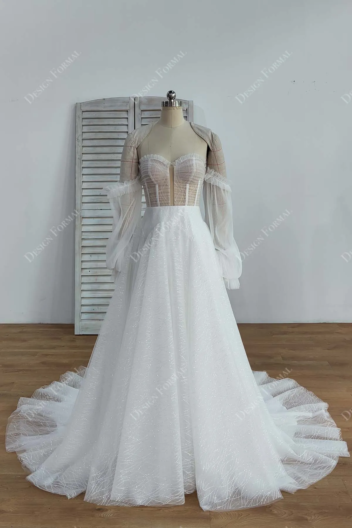 Illusion Corset Plunging Pleated Off Shoulder Crafted Wedding Dress