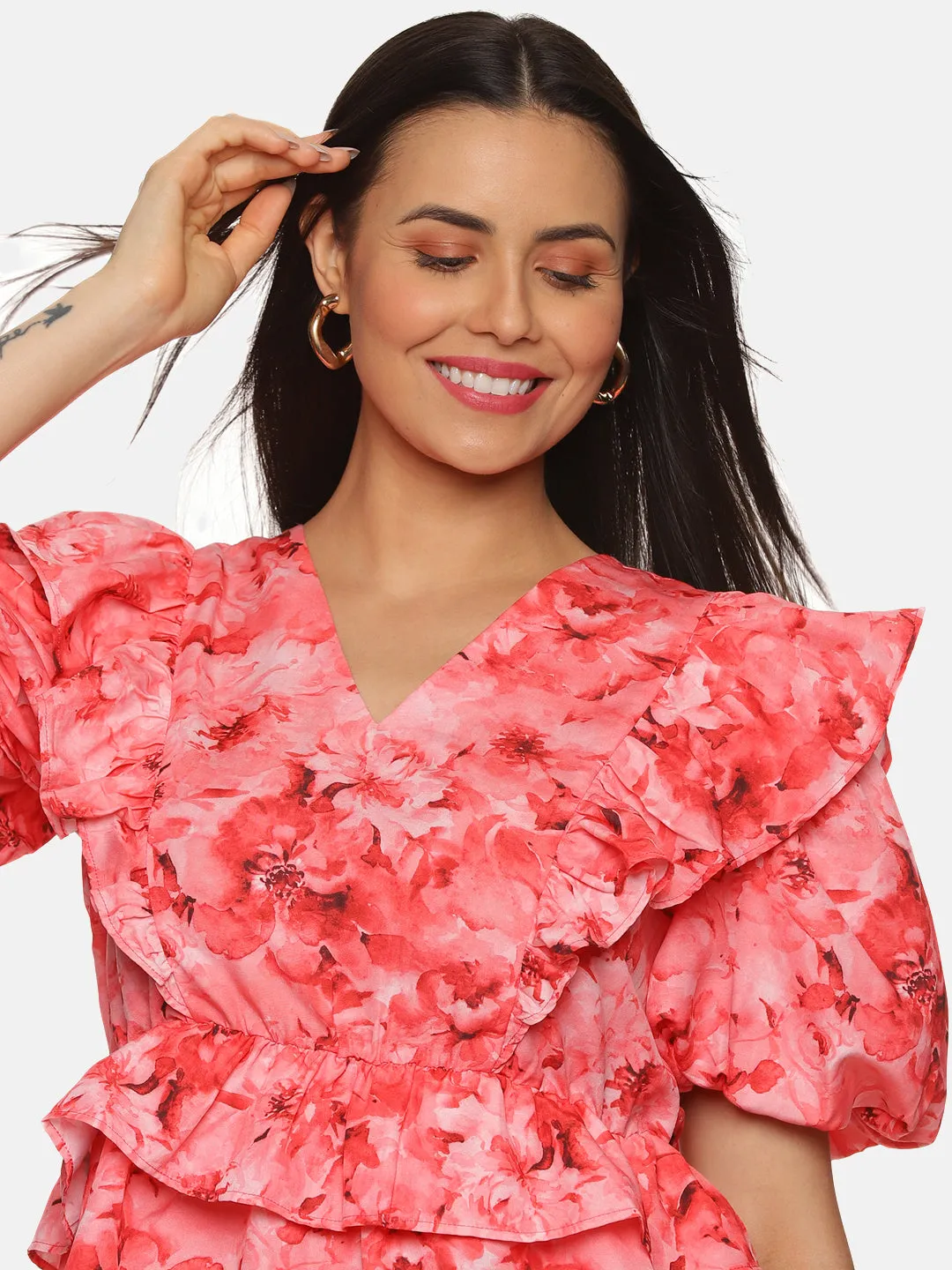 IS.U Floral Coral Ruffle Detail Peplum Top