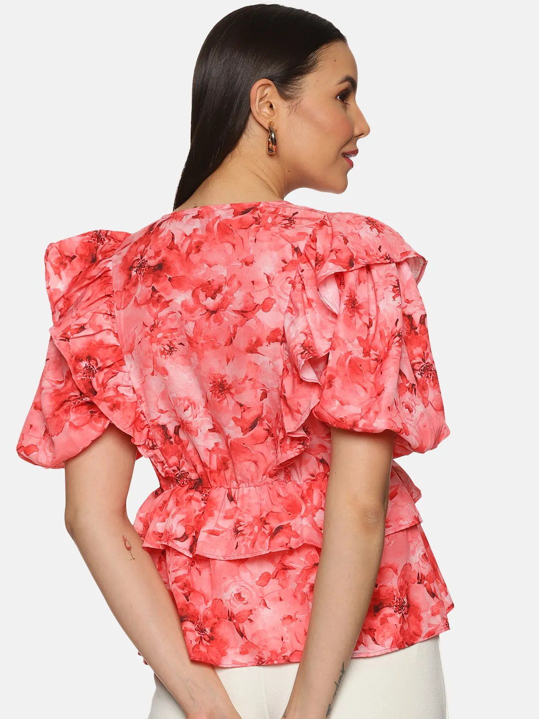 IS.U Floral Coral Ruffle Detail Peplum Top