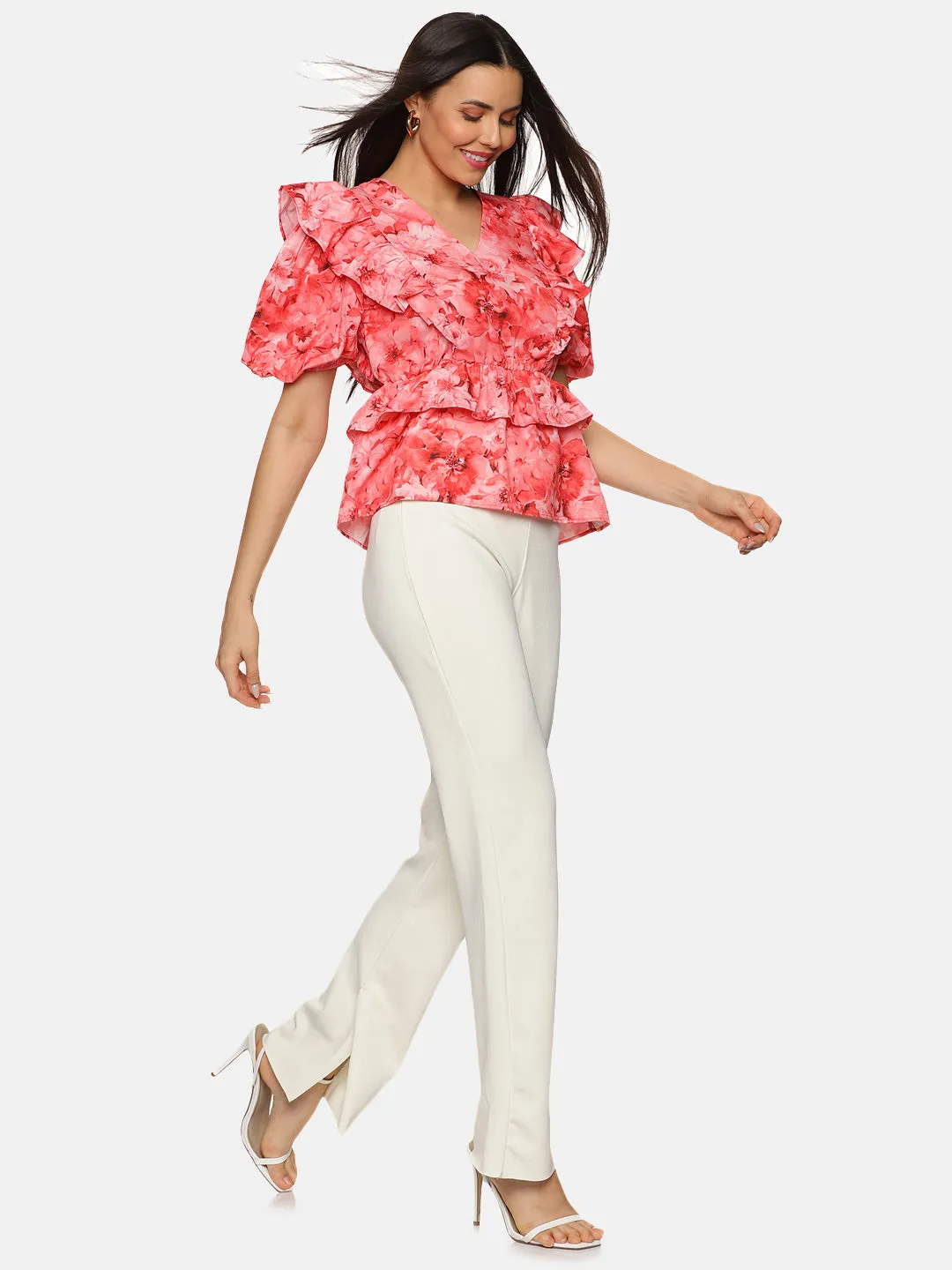 IS.U Floral Coral Ruffle Detail Peplum Top