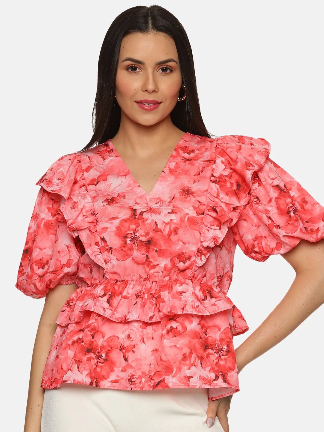 IS.U Floral Coral Ruffle Detail Peplum Top