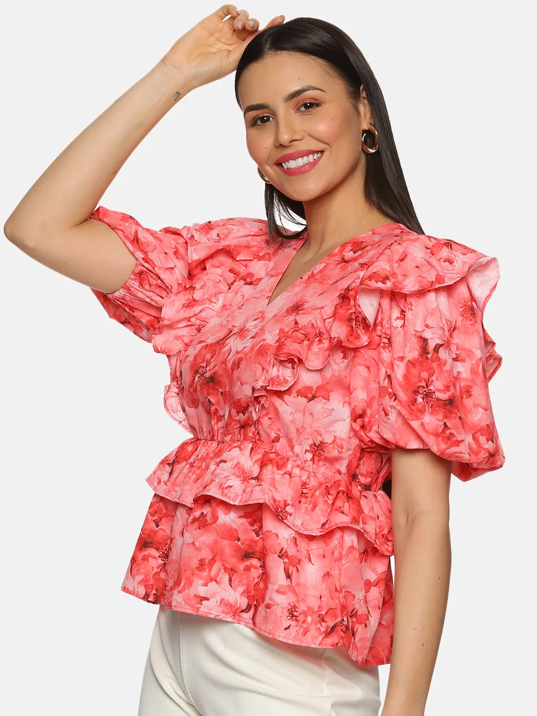 IS.U Floral Coral Ruffle Detail Peplum Top