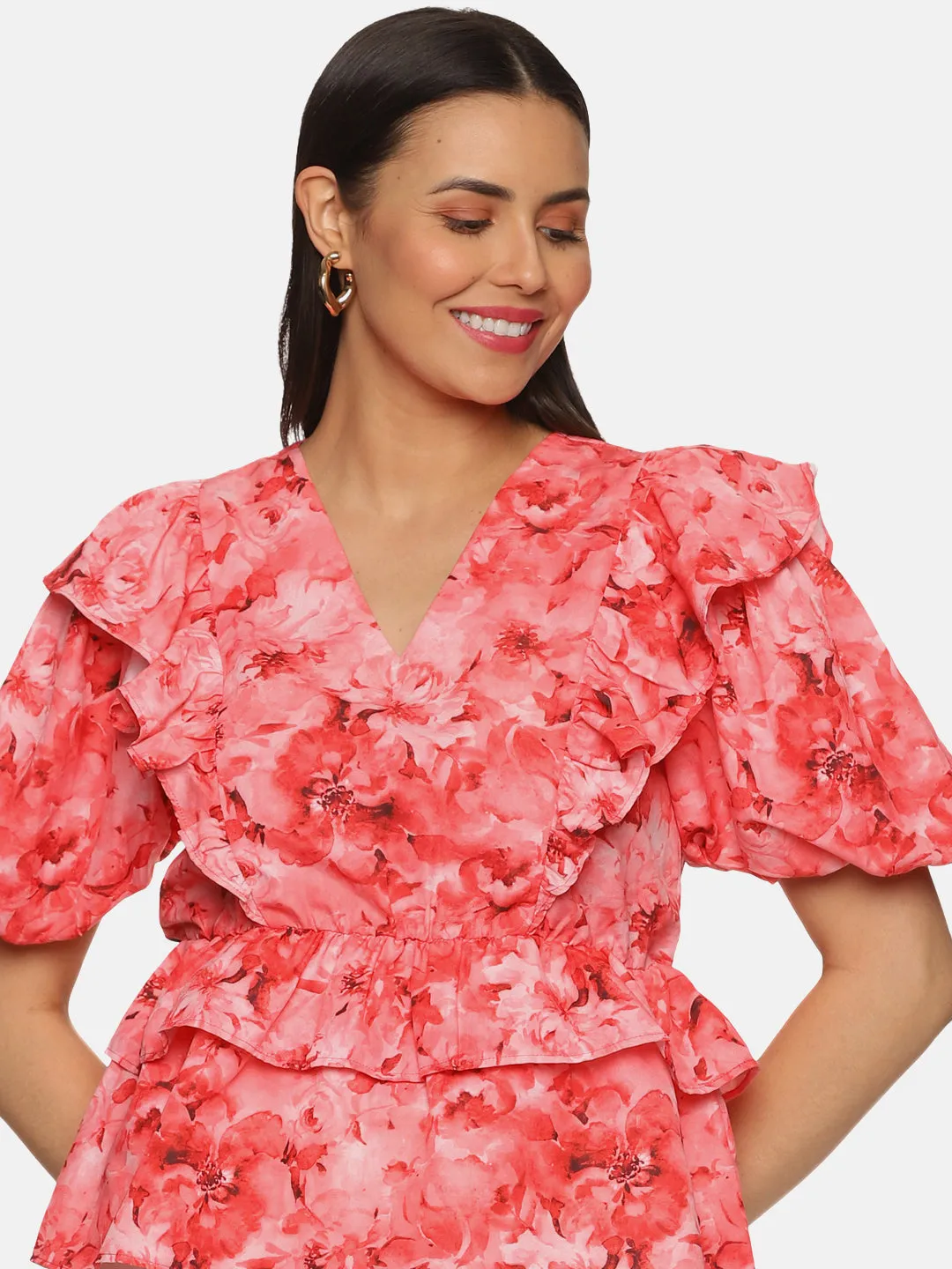 IS.U Floral Coral Ruffle Detail Peplum Top