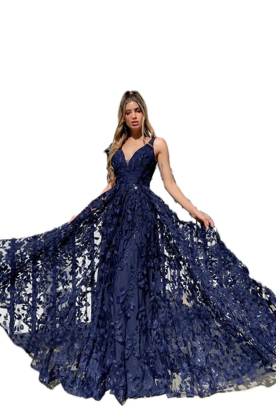 Jadore Gown in Navy with Floral Appliqué