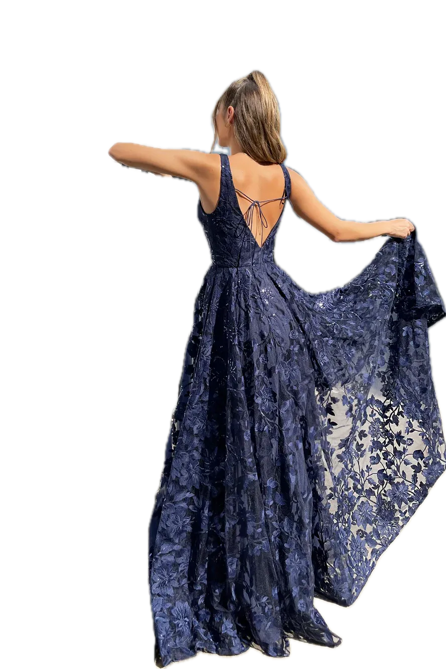 Jadore Gown in Navy with Floral Appliqué