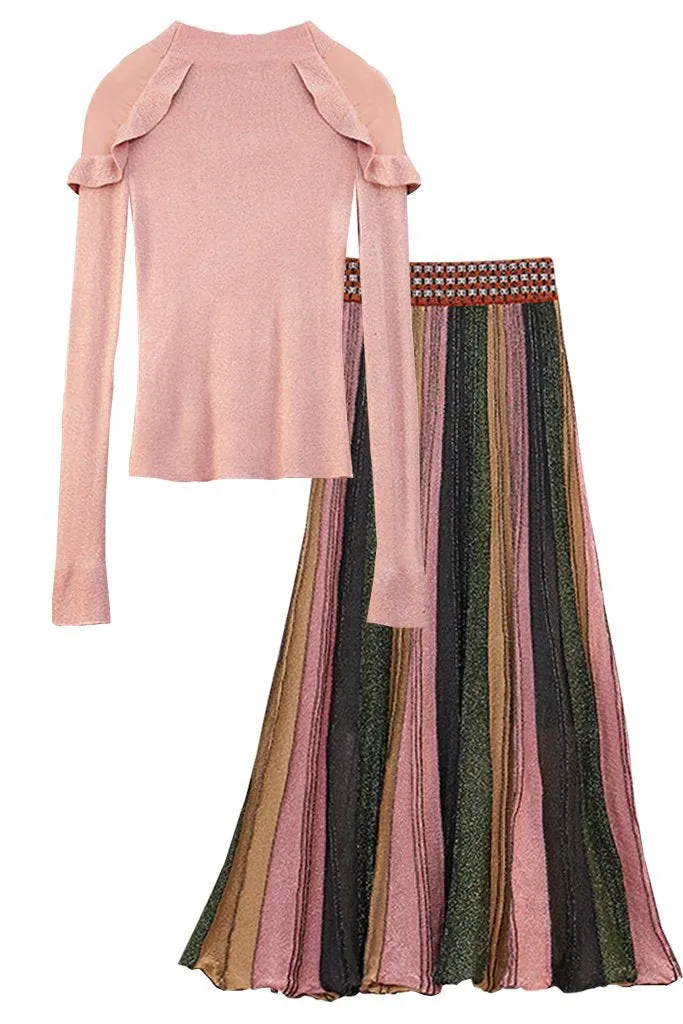 Janine Pink Metallic Blouse and Pleated Skirt Set