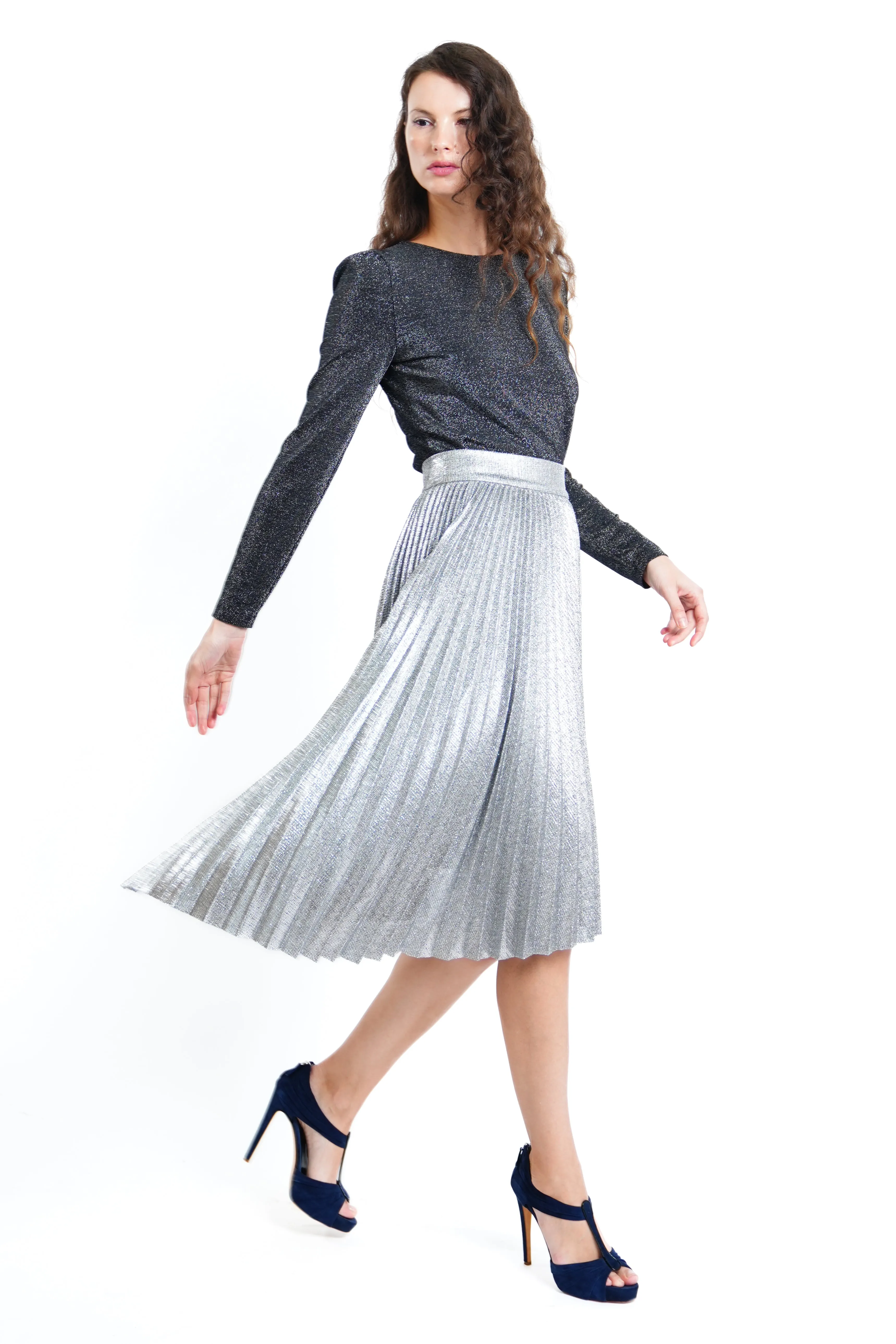 Jovene Metallic Jacquard Asymmetric Pleated Skirt