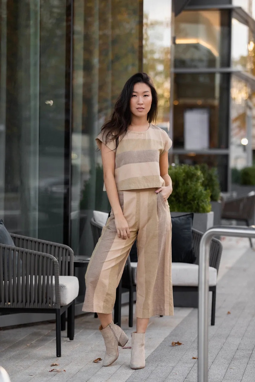 Katie Handwoven Cotton Crop in Beige Stripe - XS Set and Pants, L and XL Shirt