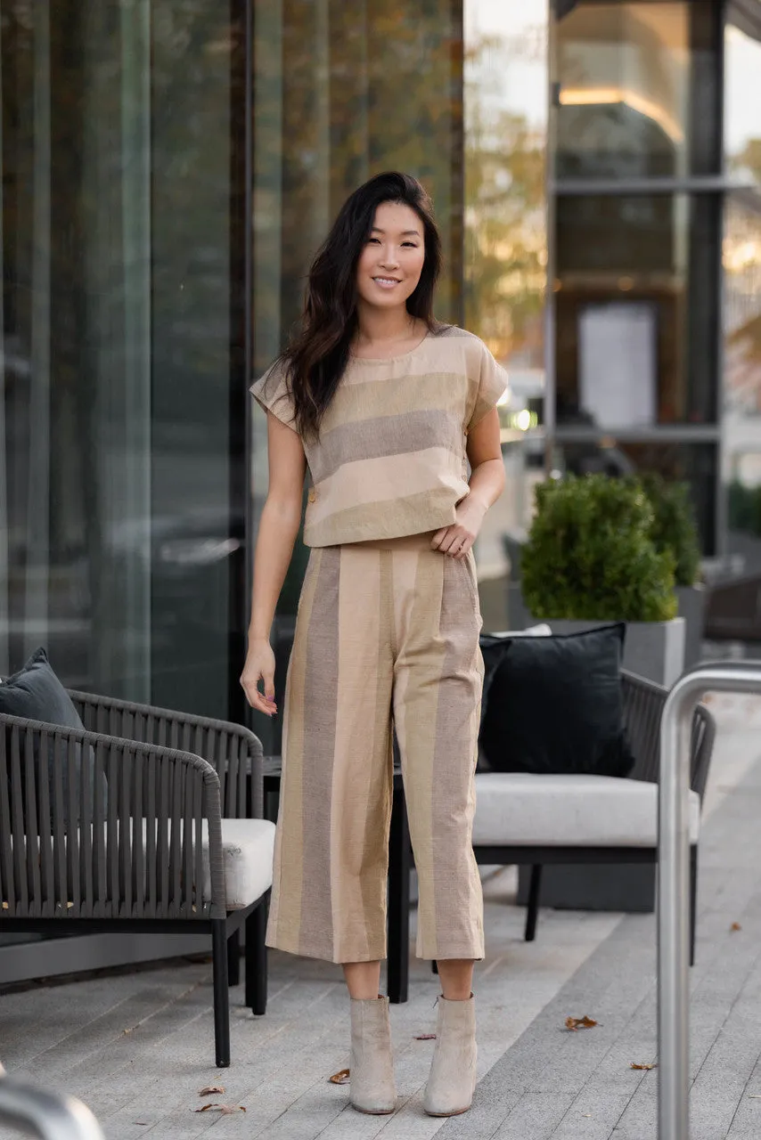 Katie Handwoven Cotton Crop in Beige Stripe - XS Set and Pants, L and XL Shirt