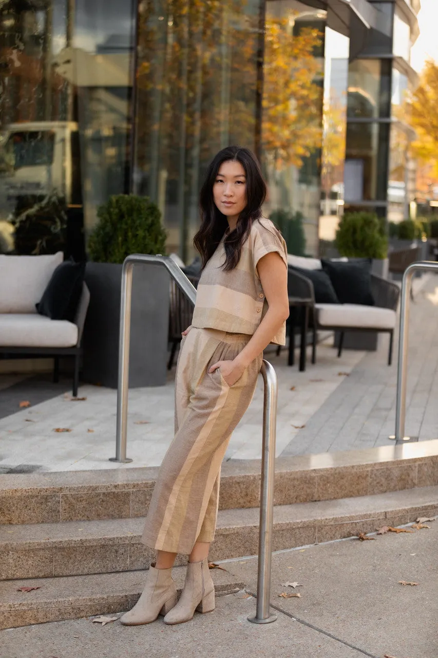 Katie Handwoven Cotton Crop in Beige Stripe - XS Set and Pants, L and XL Shirt