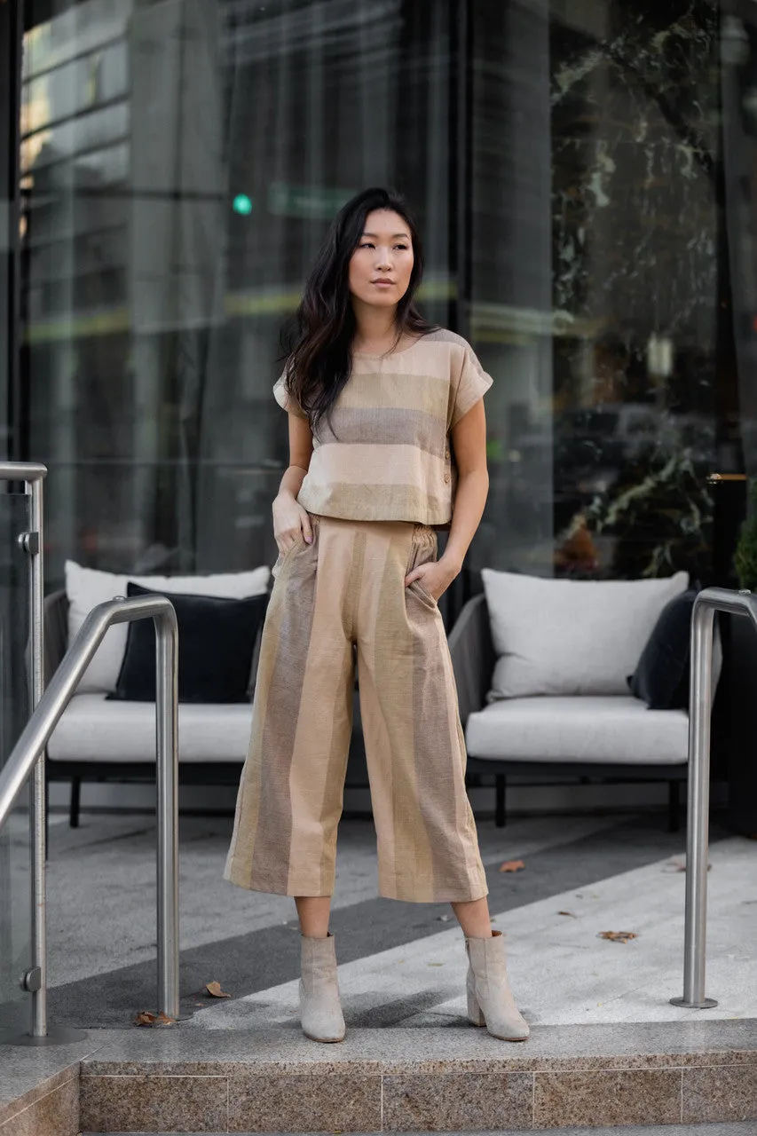 Katie Handwoven Cotton Crop in Beige Stripe - XS Set and Pants, L and XL Shirt