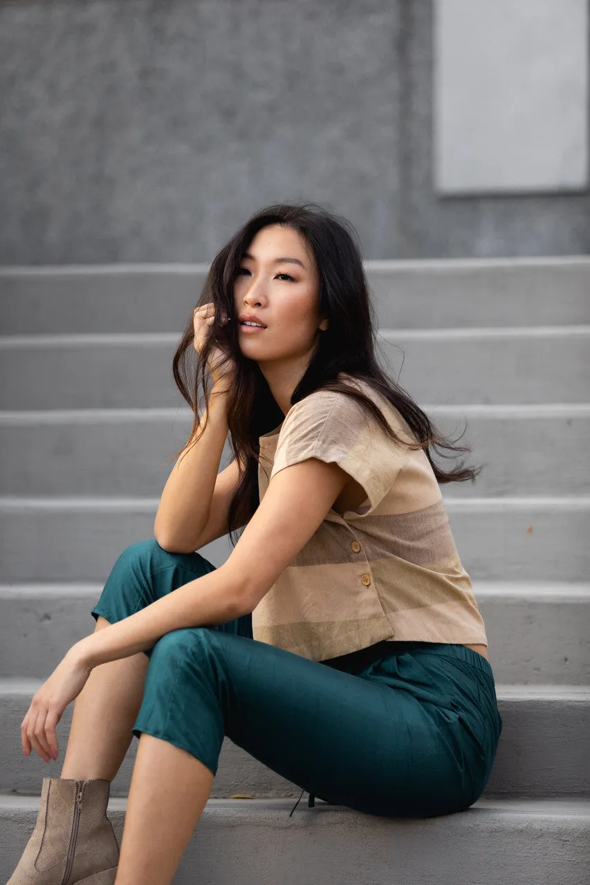 Katie Handwoven Cotton Crop in Beige Stripe - XS Set and Pants, L and XL Shirt