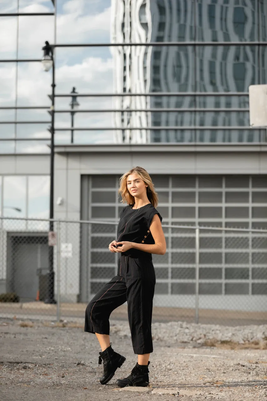 Katie Handwoven Cotton Crop Set in Black - M Pants, XXL Shirt