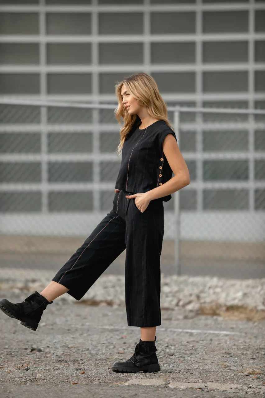 Katie Handwoven Cotton Crop Set in Black - M Pants, XXL Shirt