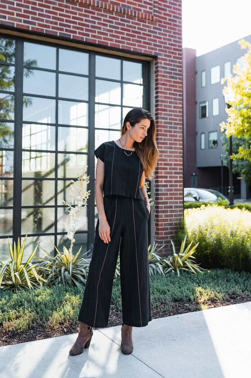 Katie Handwoven Cotton Crop Set in Black - M Pants, XXL Shirt