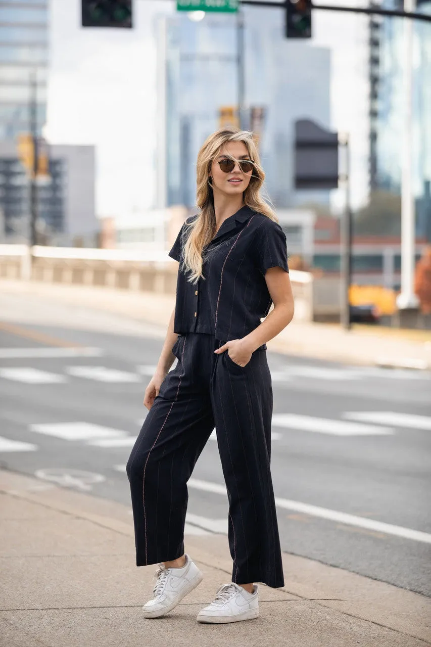 Katie Handwoven Cotton Crop Set in Black - M Pants, XXL Shirt