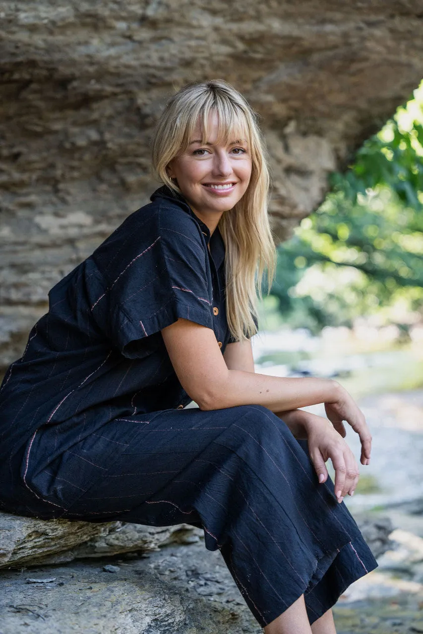 Katie Handwoven Cotton Crop Set in Black - M Pants, XXL Shirt