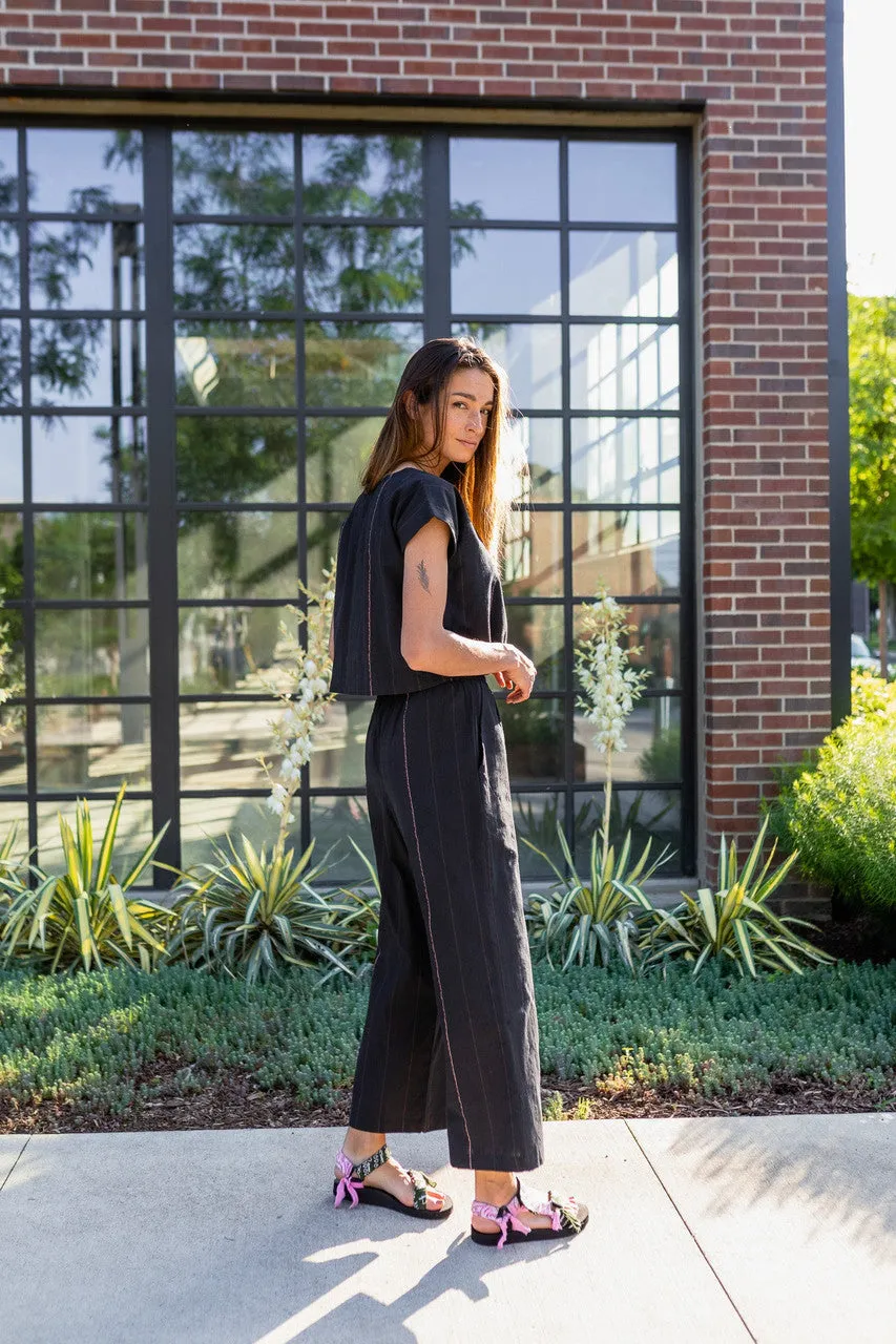 Katie Handwoven Cotton Crop Set in Black - M Pants, XXL Shirt