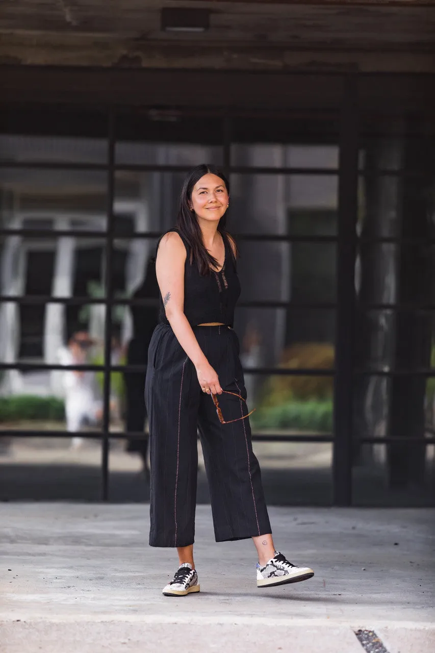 Katie Handwoven Cotton Crop Set in Black - M Pants, XXL Shirt