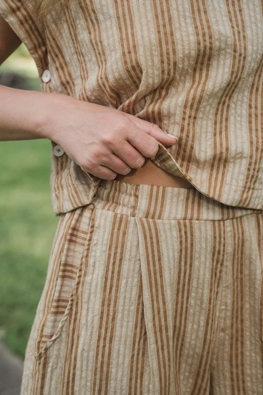 Katie Handwoven Cotton Set in Mustard and Cream Stripe - M Pants and XL Set