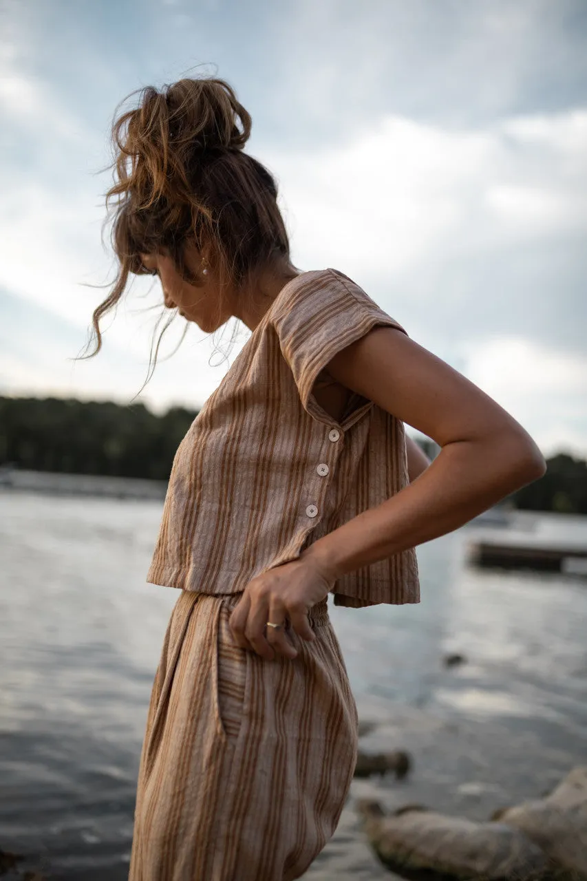 Katie Handwoven Cotton Set in Mustard and Cream Stripe - M Pants and XL Set