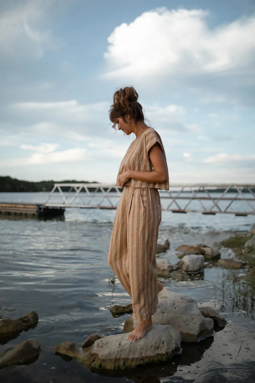 Katie Handwoven Cotton Set in Mustard and Cream Stripe - M Pants and XL Set