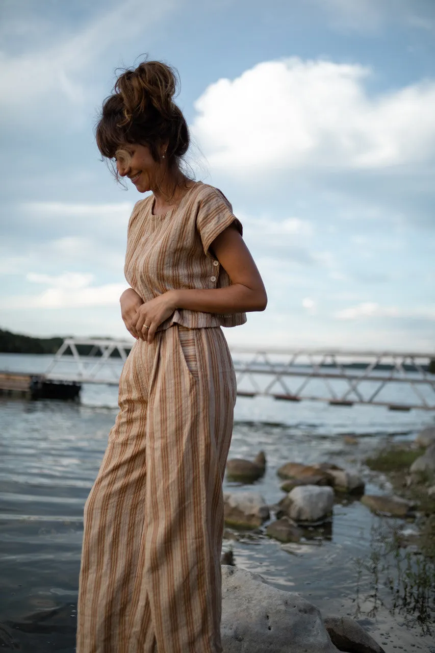 Katie Handwoven Cotton Set in Mustard and Cream Stripe - M Pants and XL Set