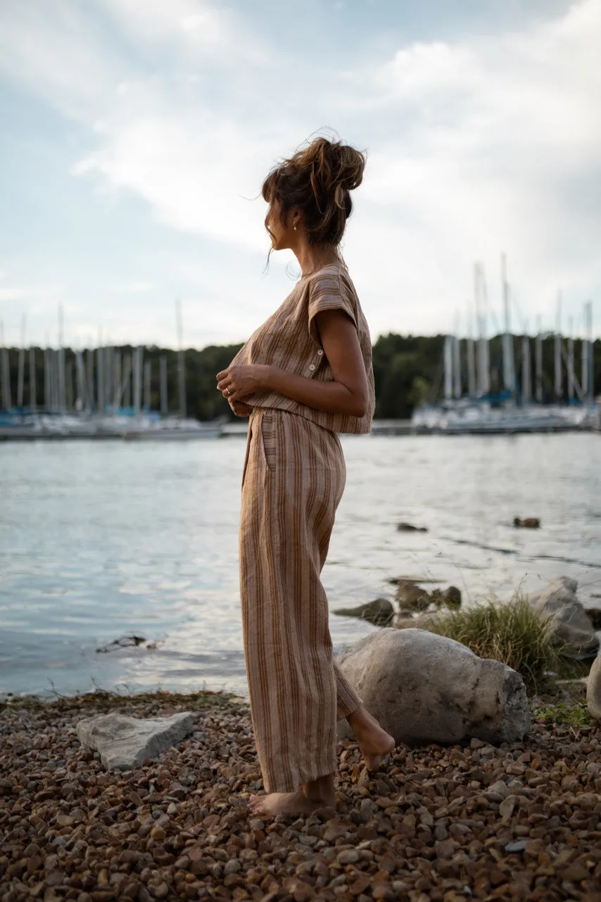 Katie Handwoven Cotton Set in Mustard and Cream Stripe - M Pants and XL Set