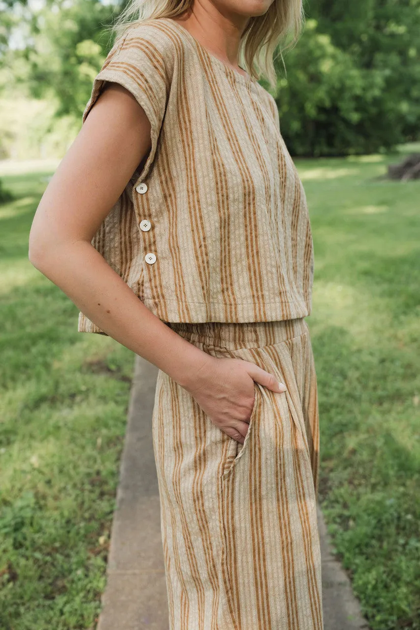 Katie Handwoven Cotton Set in Mustard and Cream Stripe - M Pants and XL Set