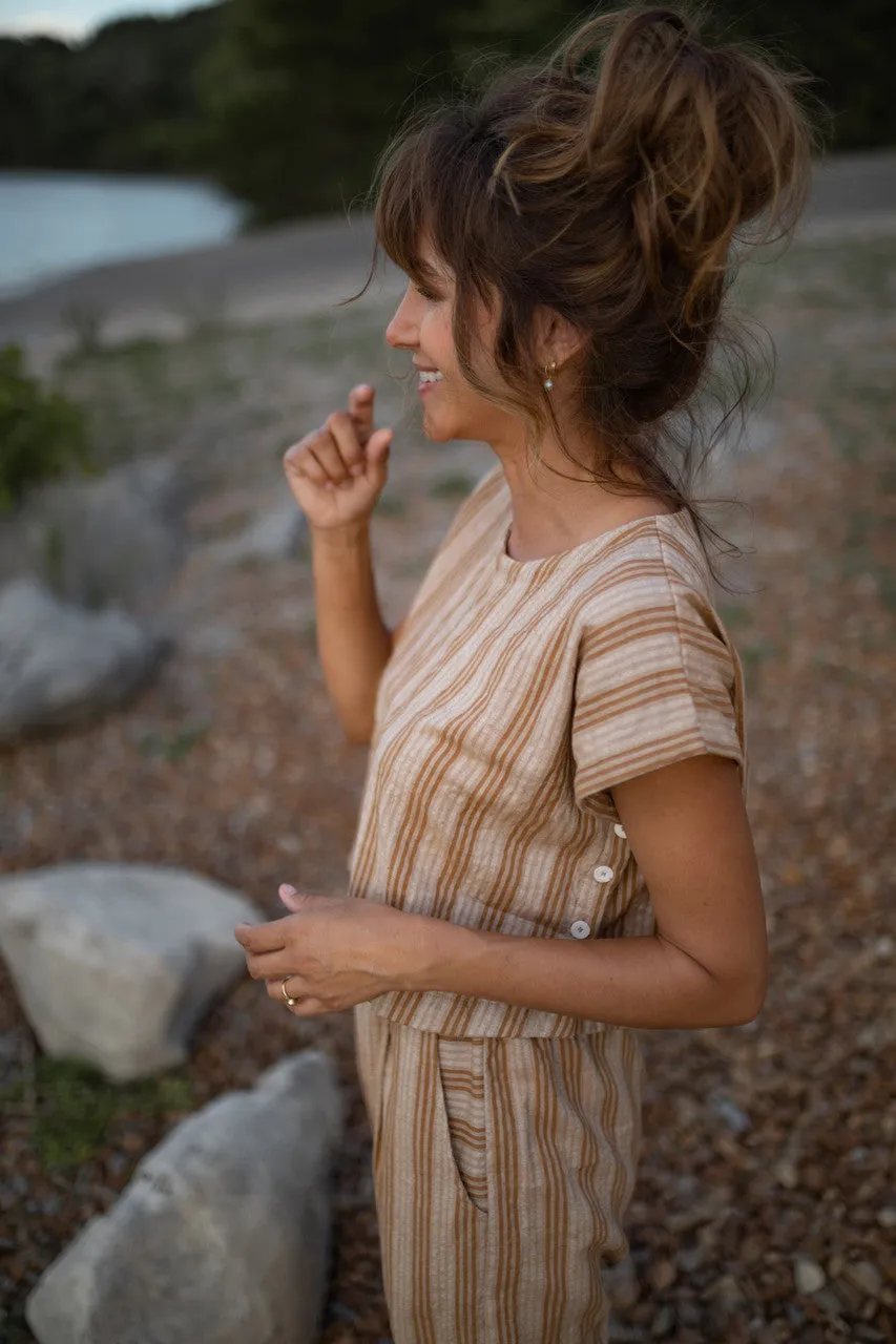 Katie Handwoven Cotton Set in Mustard and Cream Stripe - M Pants and XL Set