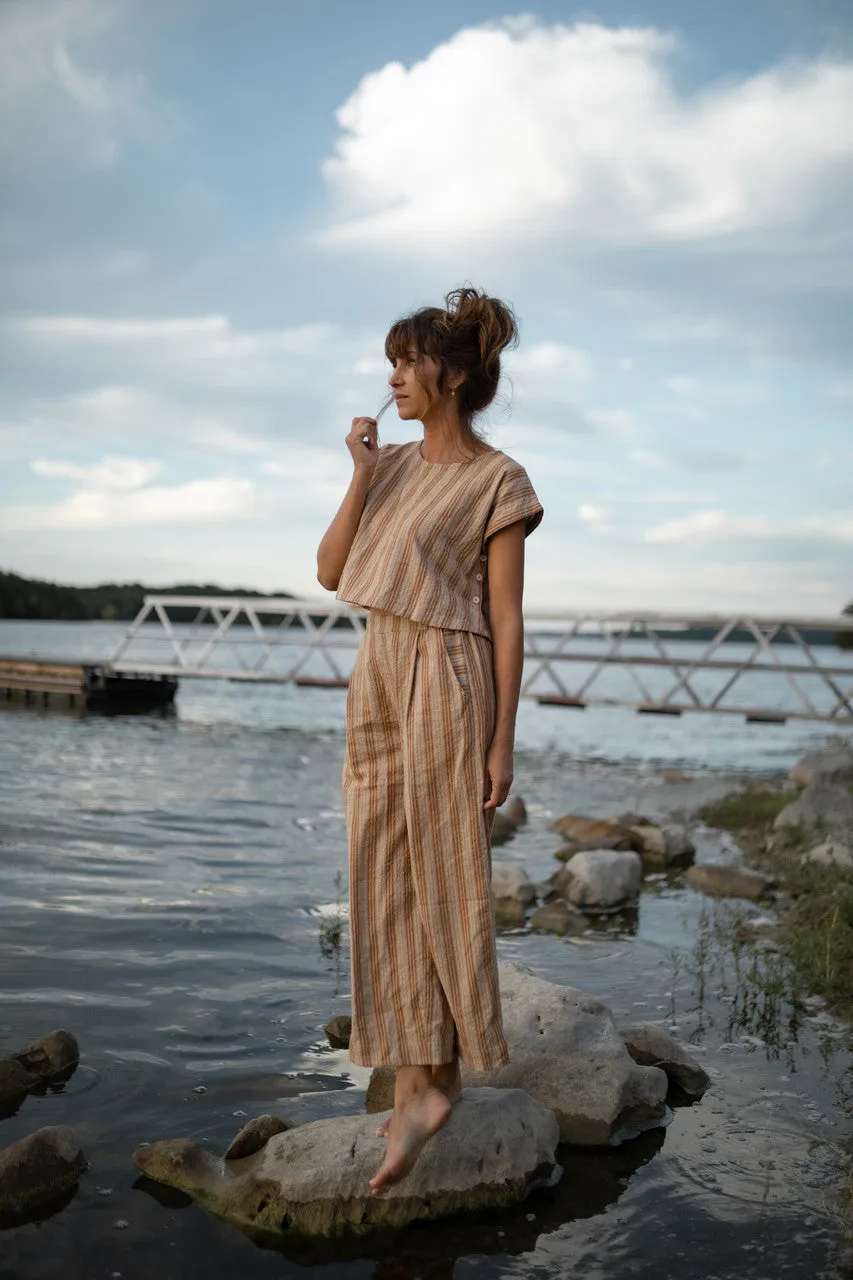 Katie Handwoven Cotton Set in Mustard and Cream Stripe - M Pants and XL Set