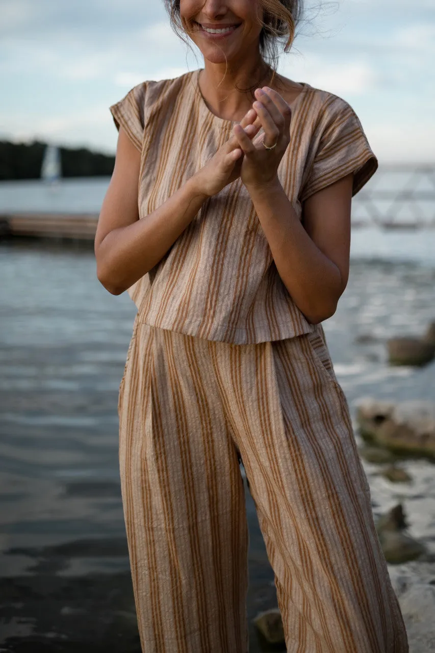 Katie Handwoven Cotton Set in Mustard and Cream Stripe - M Pants and XL Set