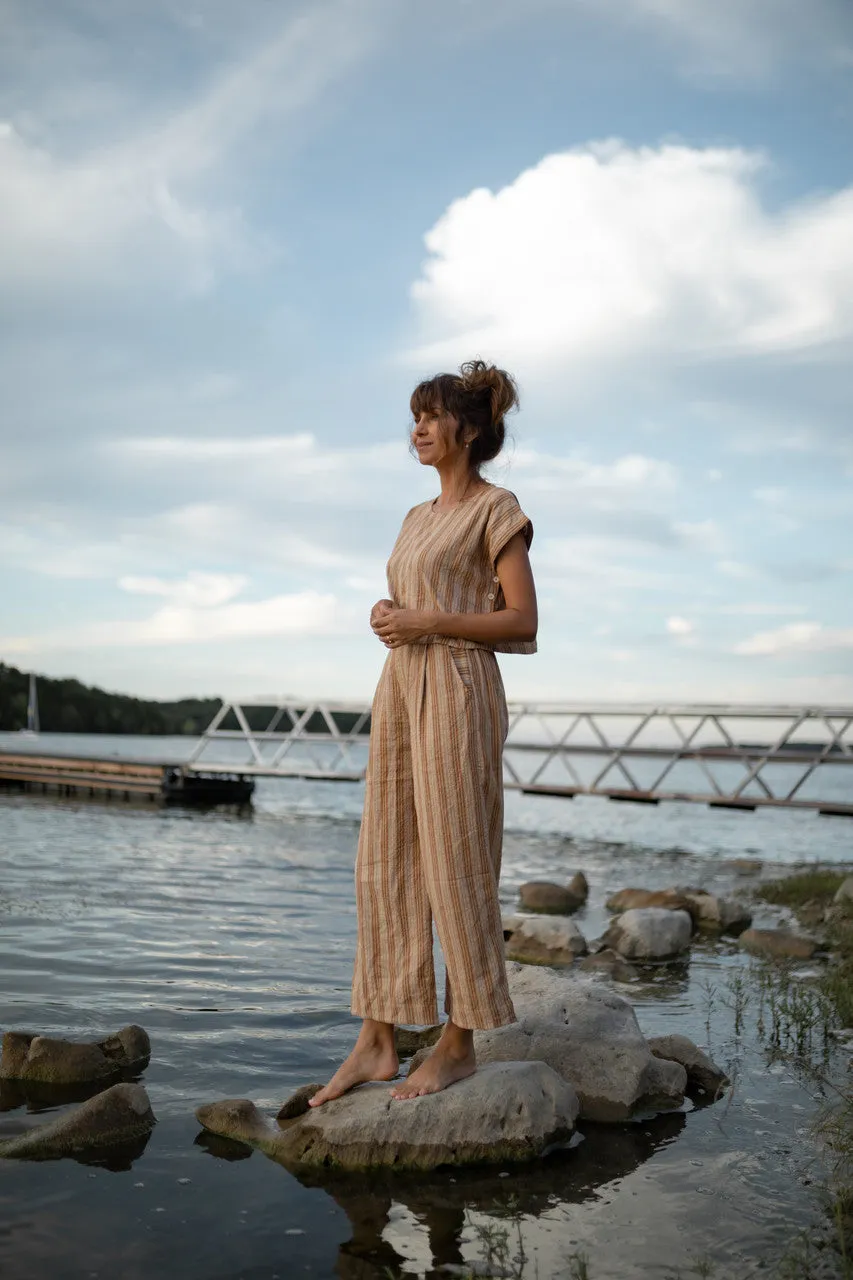 Katie Handwoven Cotton Set in Mustard and Cream Stripe - M Pants and XL Set