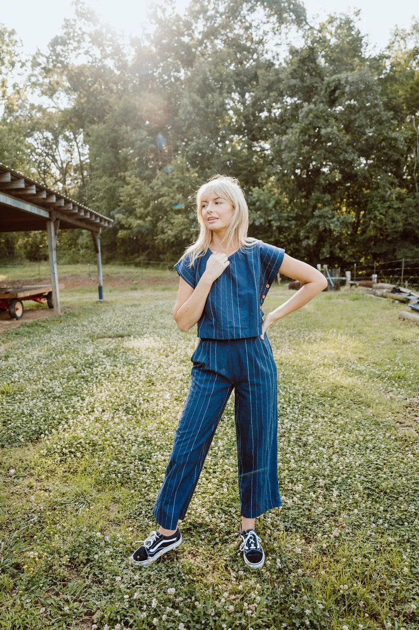 Katie Handwoven Cotton Set in Navy Pin Stripe