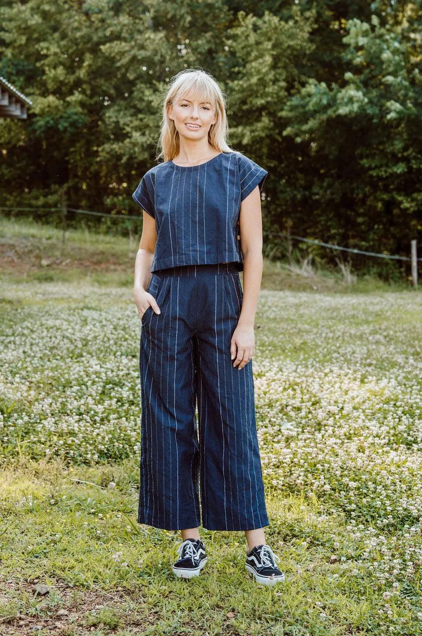 Katie Handwoven Cotton Set in Navy Pin Stripe