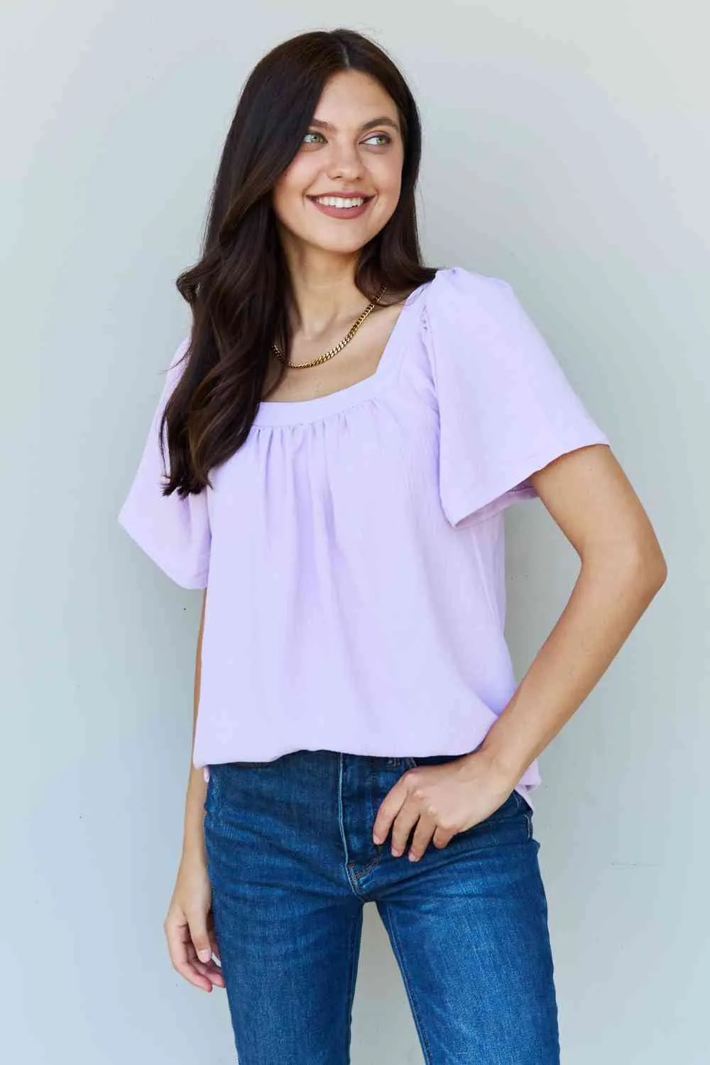 Keep Me Close Square Neck Short Sleeve Blouse in Lavender