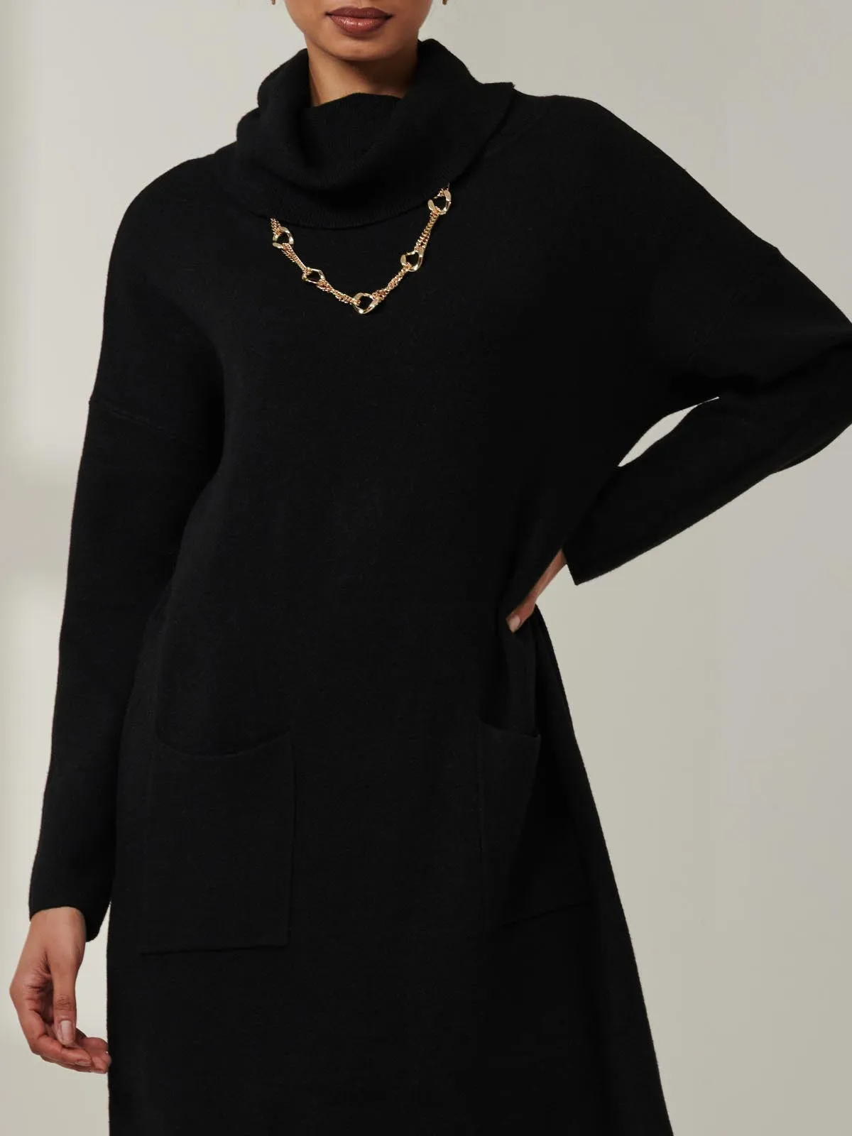 Knitted Turtleneck Longline Jumper, Black