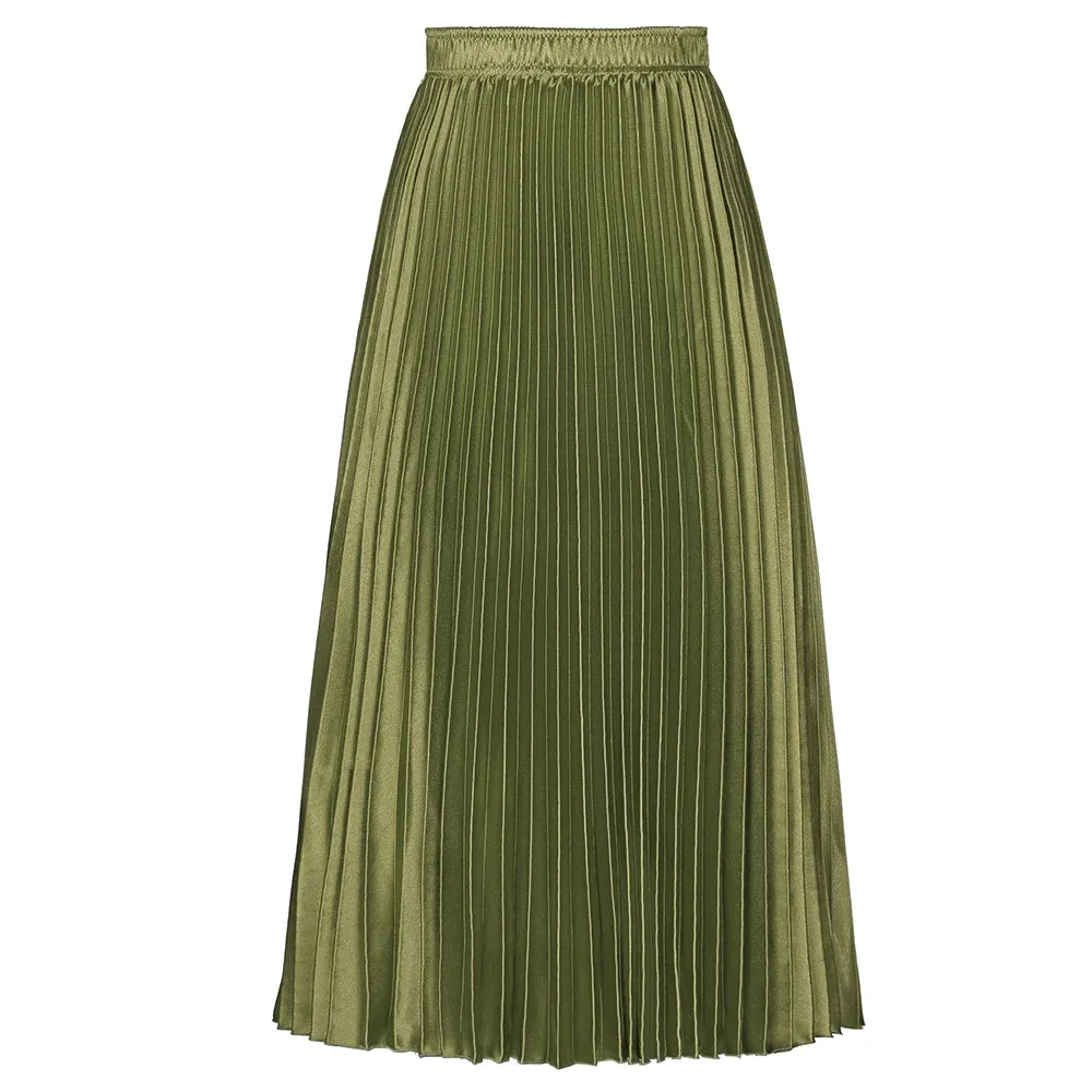 Korean Women Fashion Pleated Satin Long Skirt Autumn High Waist Metallic Purple Green Yellow Red Skirts All-match Saia SS0036